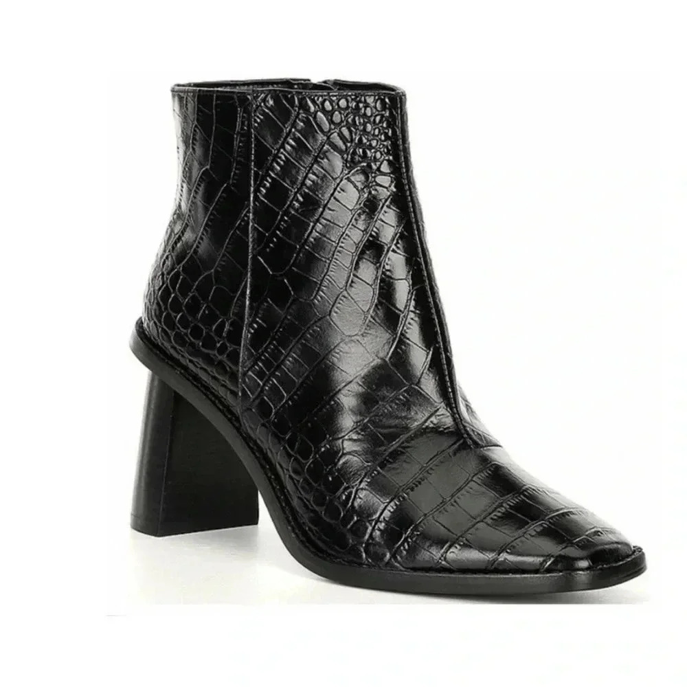 Gibson Latimer Vina Leather Croc Embossed Square Toe Block Heel Ankle Boots 11